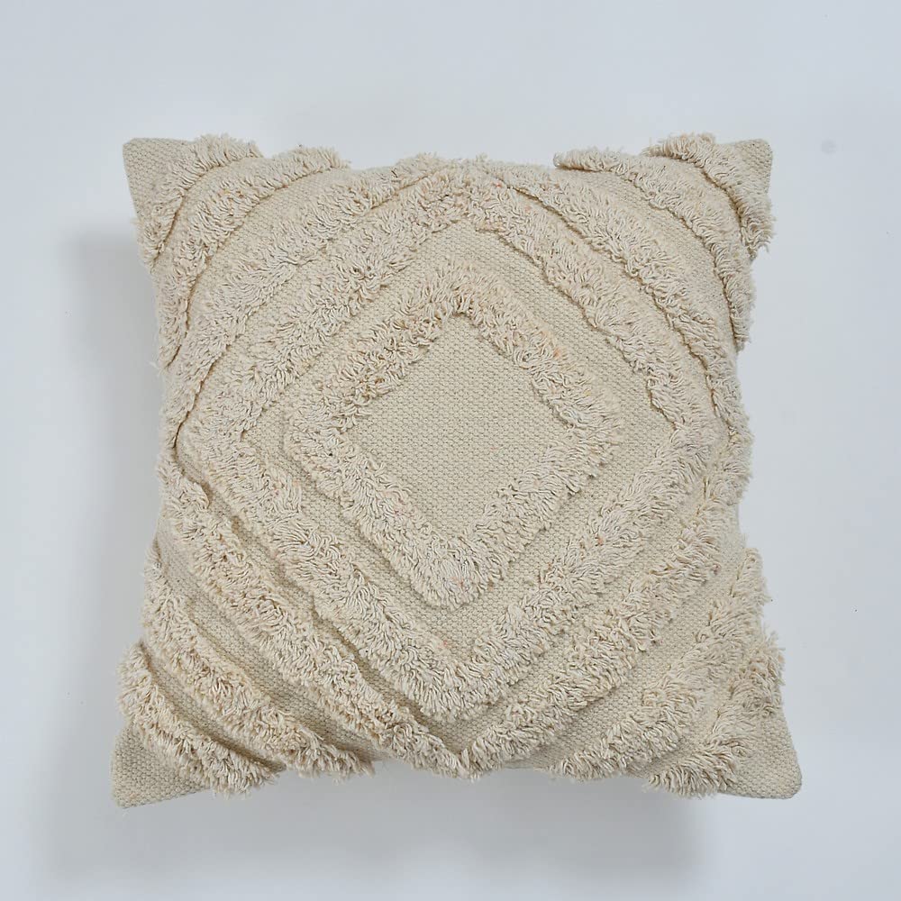 Boho Tufted Cushion Cover | 40x40cm | Cream | Textured Cotton | Handmade