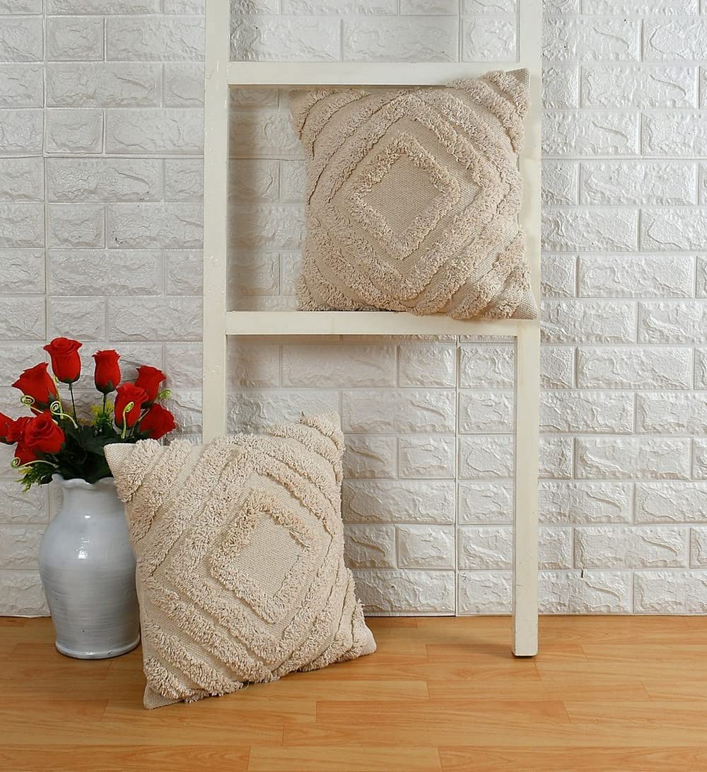 Boho Tufted Cushion Cover | 40x40cm | Cream | Textured Cotton | Handmade